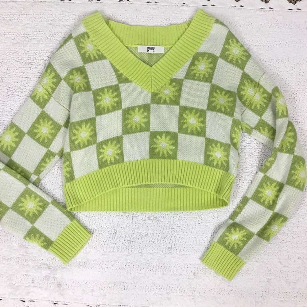 Lemon Lime Starburst Sunshine Checkerboard Crop Sweater Madden NYC size S